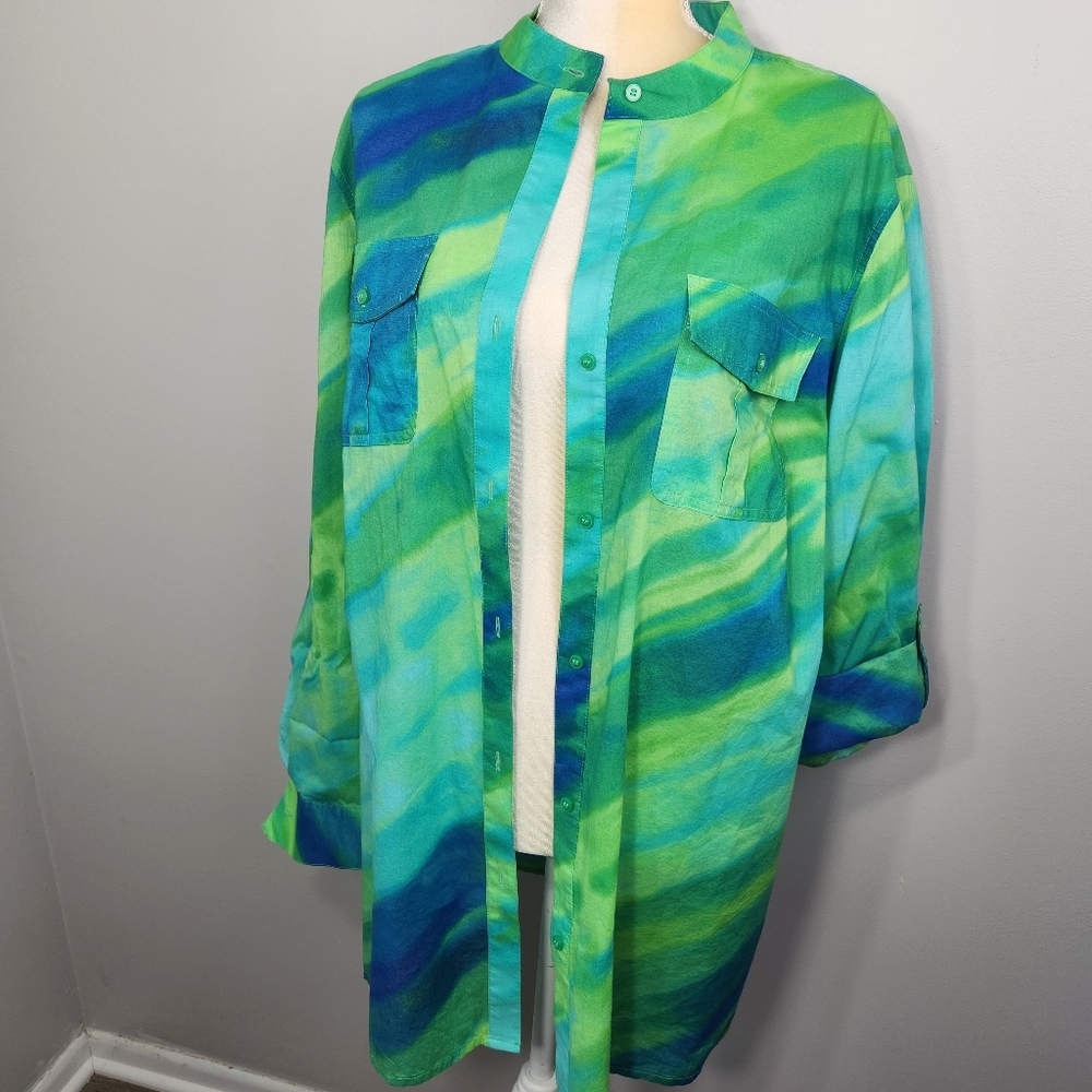 Jones NY Vibrant Green & Blue Button-Up Top Roll Tab Sleeves Mandarin Collar 2X